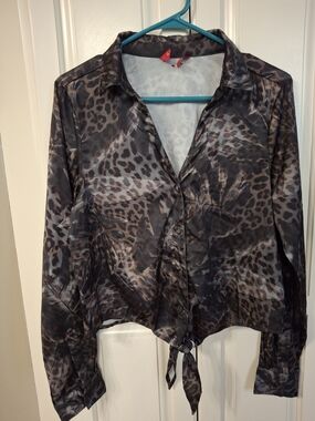 Guess Brown and Black Leopard Print Tie-Front Blouse